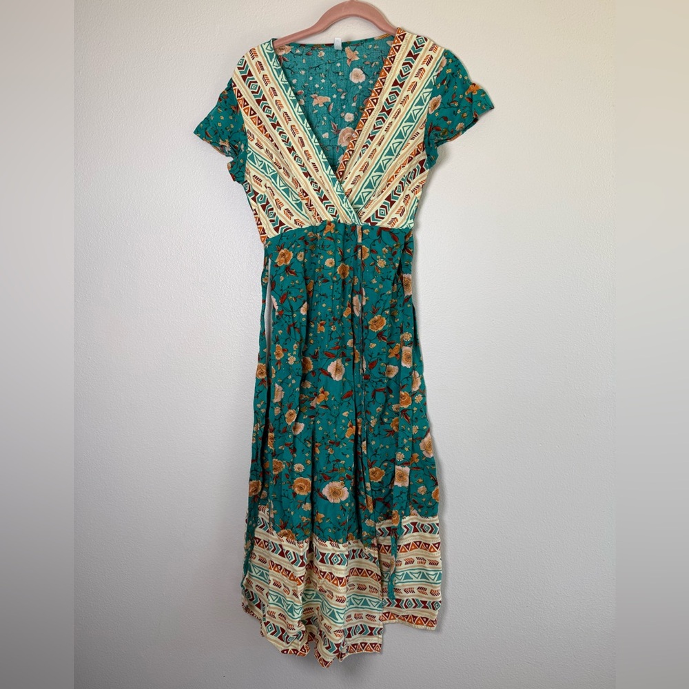 Lapis Teal Floral wrap Midi Dress with Tribal Trim